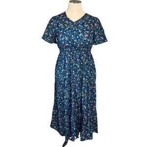 Cottagecore Tiered Floral Maxi Dress Sz 2XL Short Sleeve Blue V-Neck Peasant